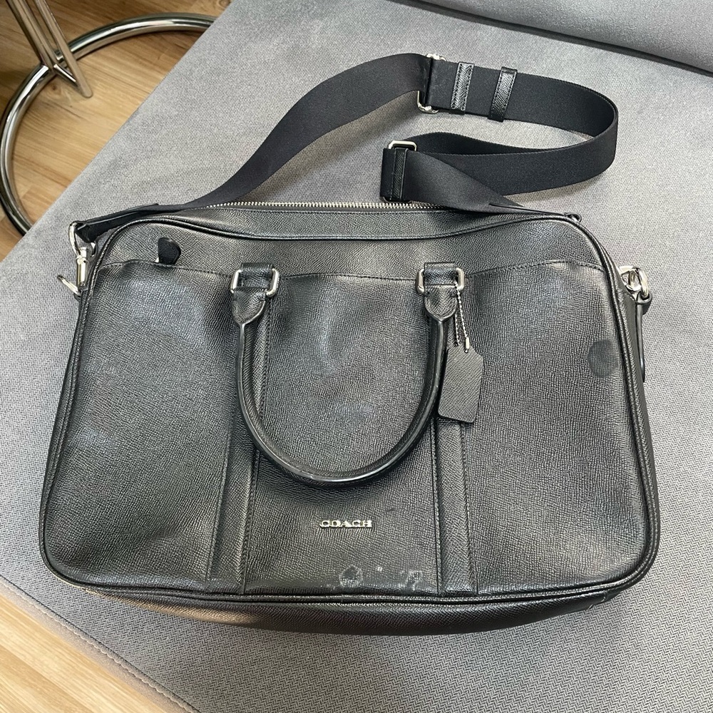 Coach Black Briefcase with Structured Design and Versatile Carrying Options